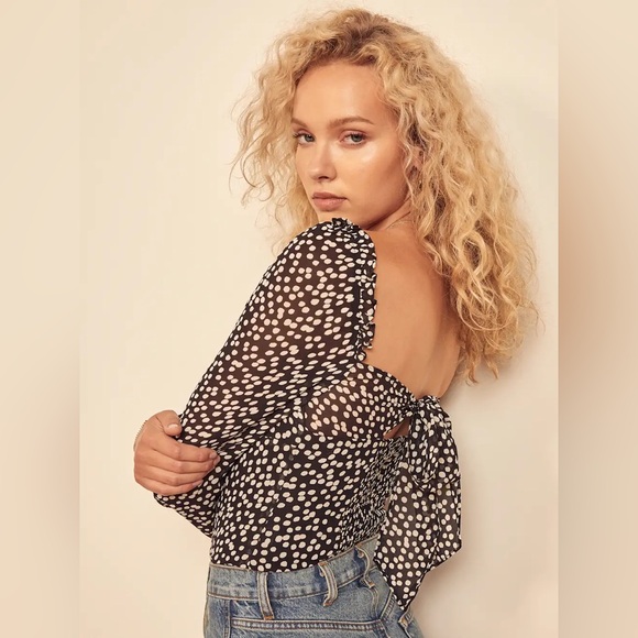 Reformation Bacio Top Pearls Black White Polka Dot Blouse Smocked Ruffle Back - Picture 2 of 13